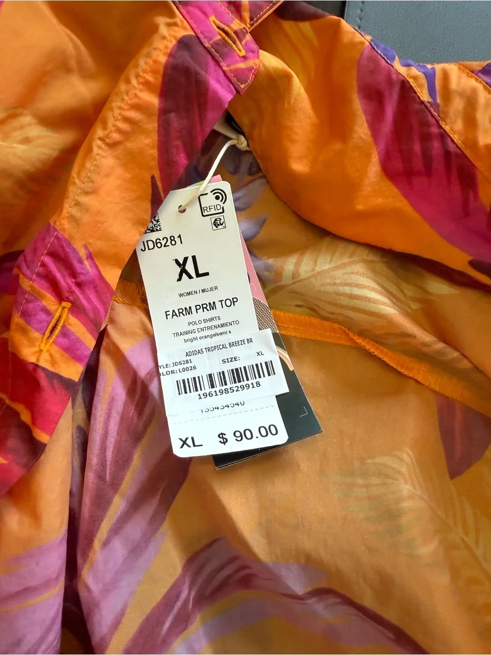 Orange Tropical Print Short-Sleeve Women’s Shirt- Farm Rio/Adidas - Picture 4 of 6